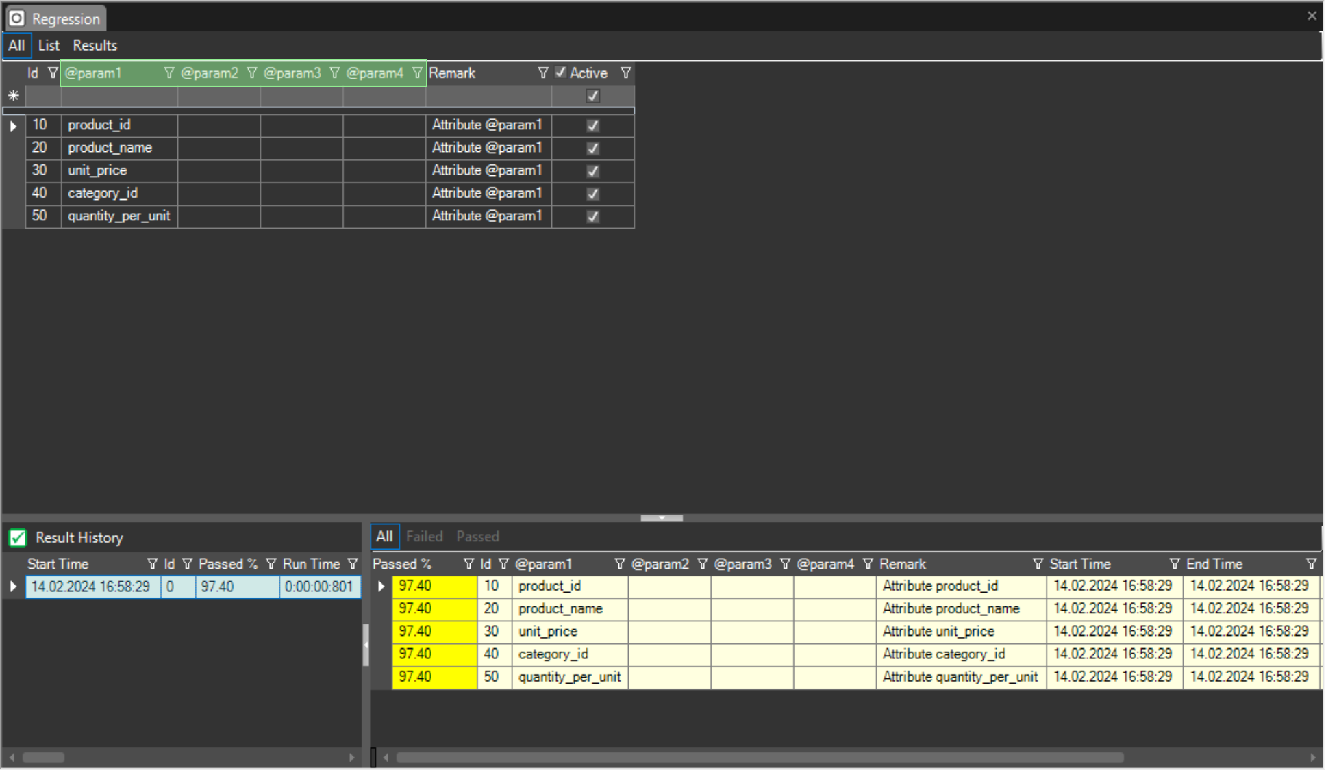 OMrun parameter list screen
