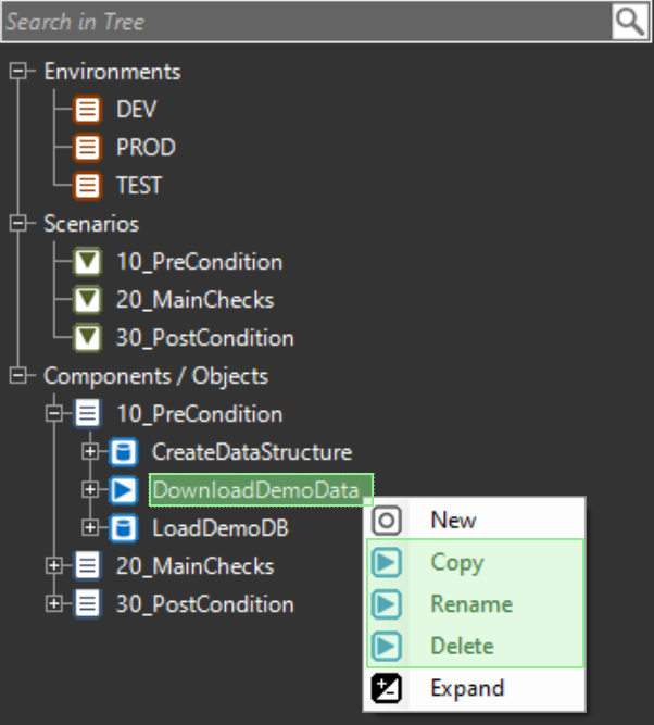 OMrun test program object - dropdown menue