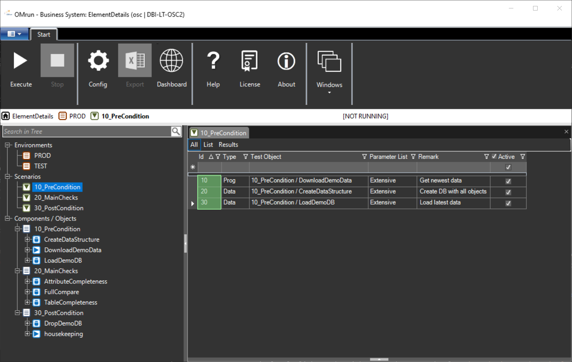 OMrun scenario screen