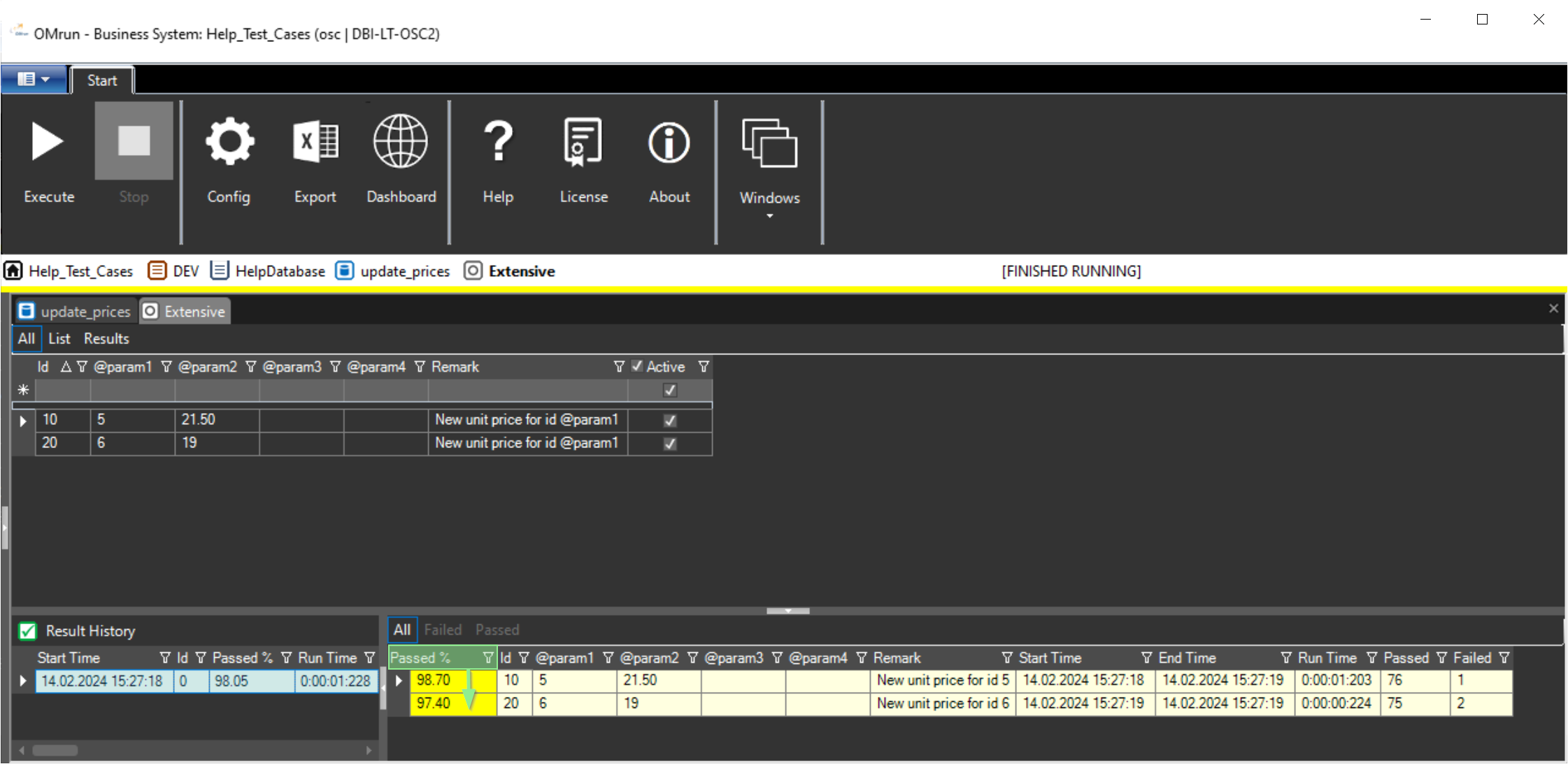 OMrun parameter list result row