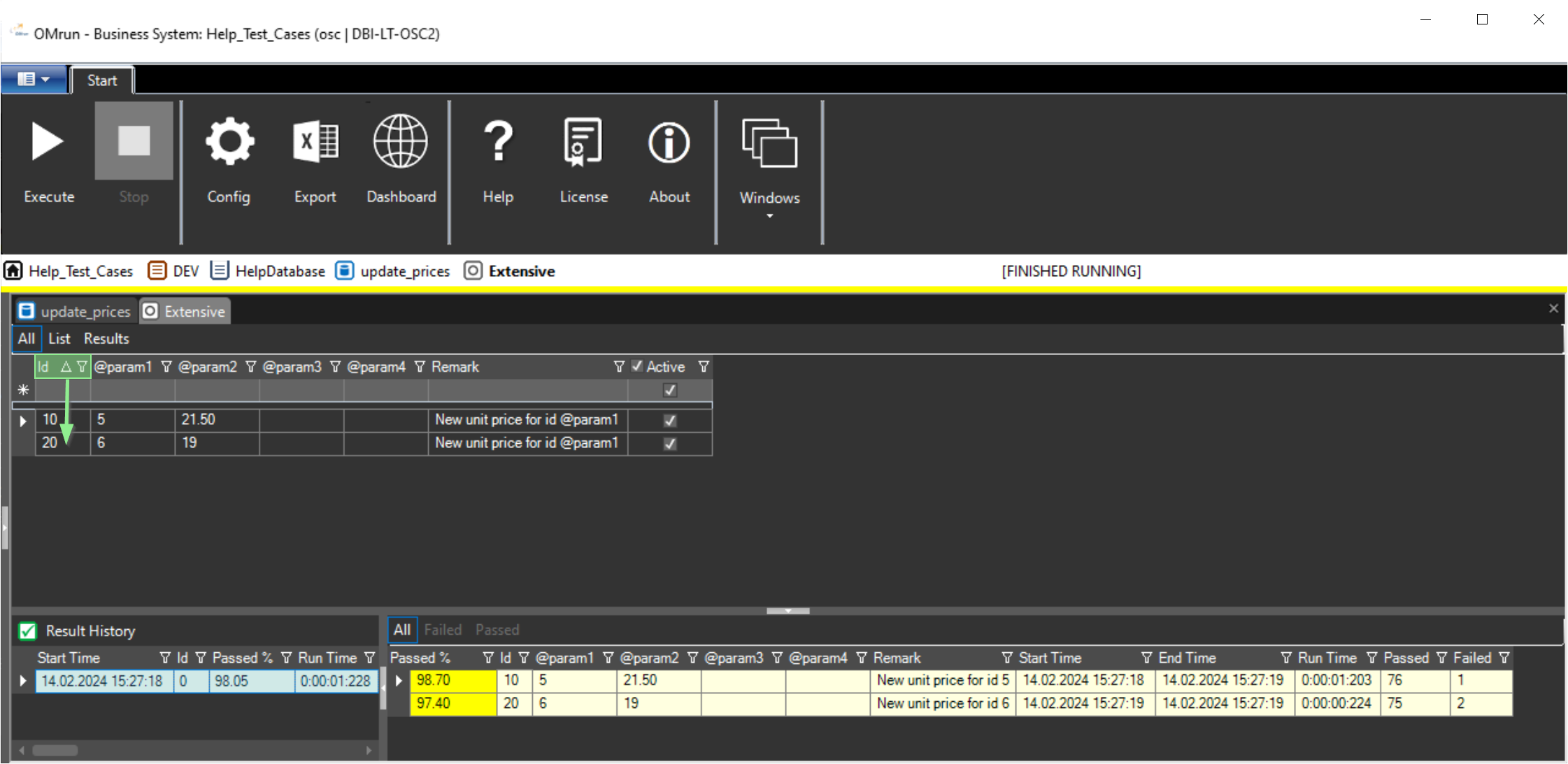 OMrun parameter list row id