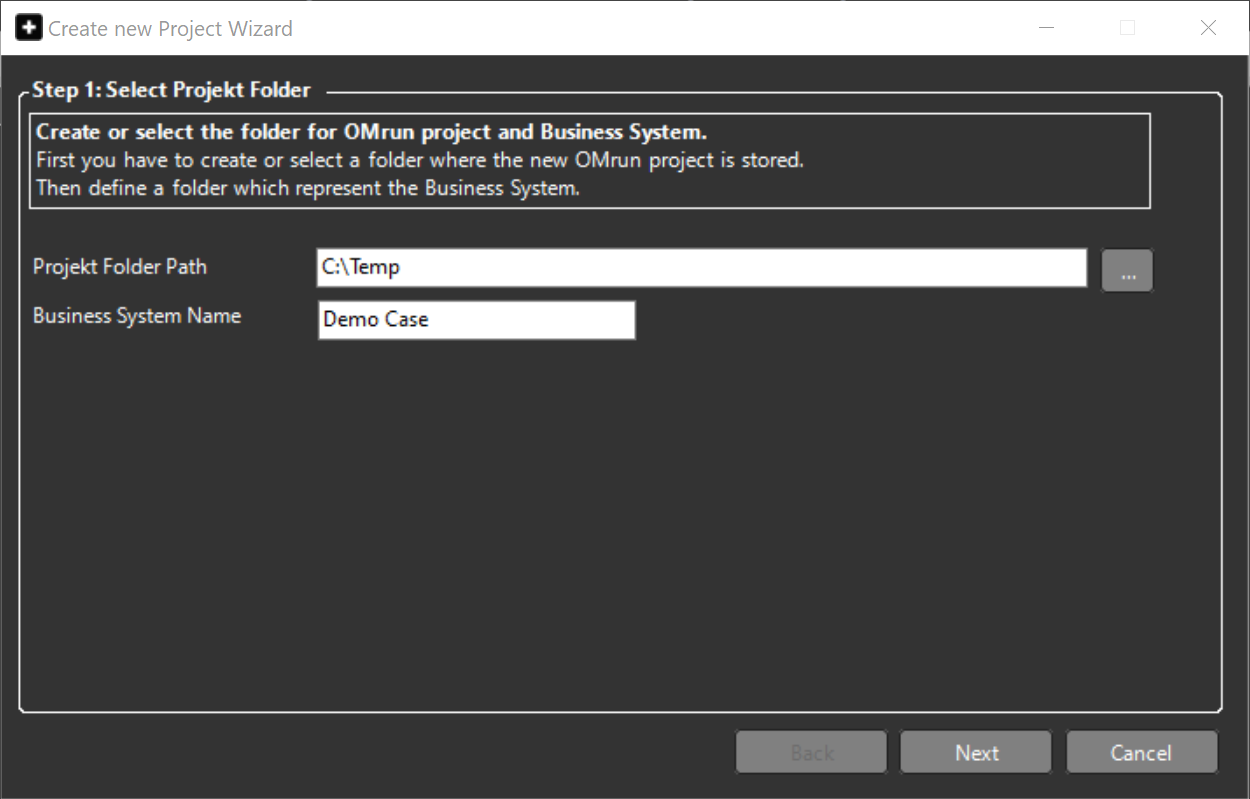 OMrun business system create new  dialog - step 1